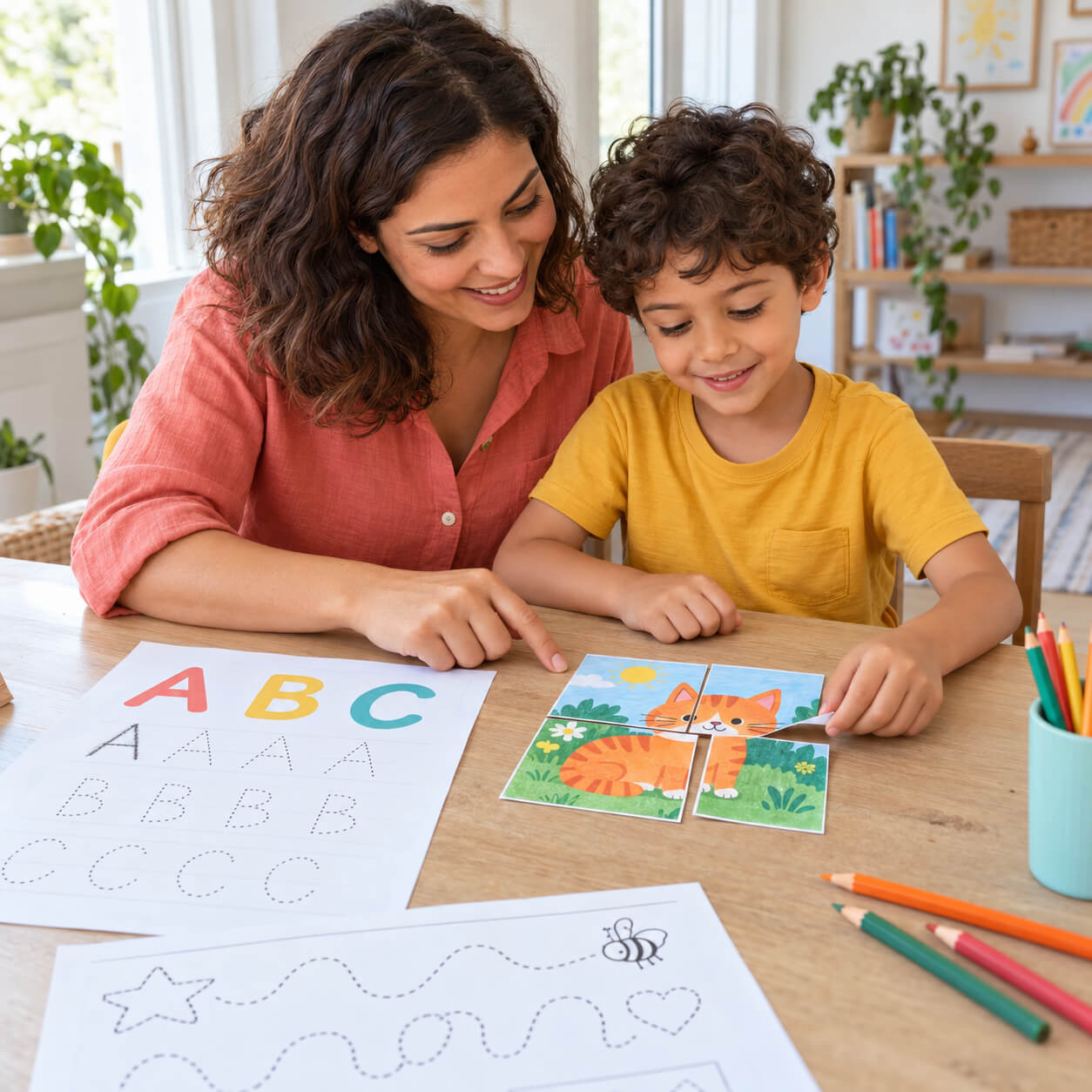 Mãe e filho aprendendo letras juntos com atividades para imprimir