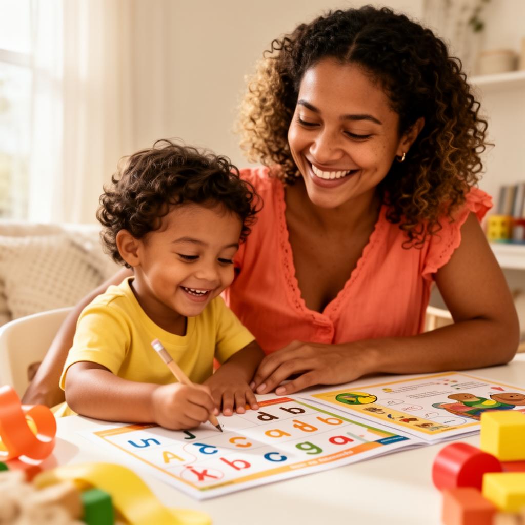 Mãe e filho aprendendo letras juntos com atividades para imprimir